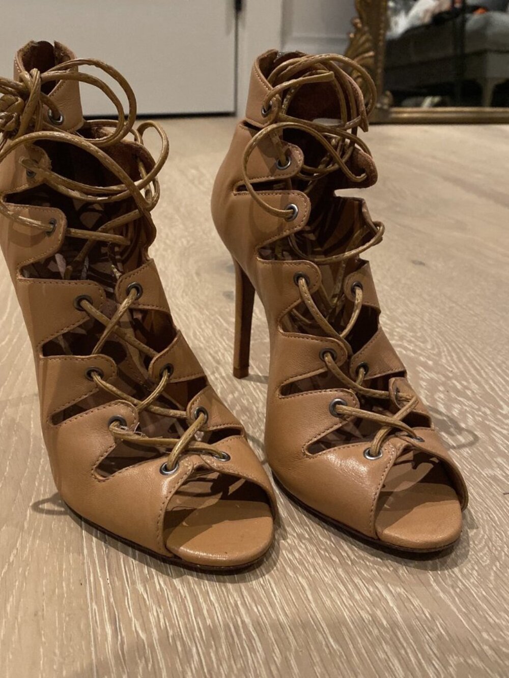 Schutz Tan Lace-Up Peep Toe Stiletto Heels